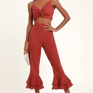 Rust Red Twisted Bandeau Top and Ruffle Hem Pants